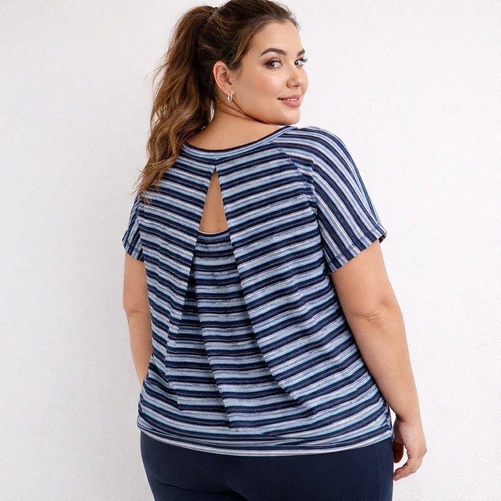 T by Talbots Blue Striped Keyhole Back Drawstring Hem Top Short Sleeve Womens 1X